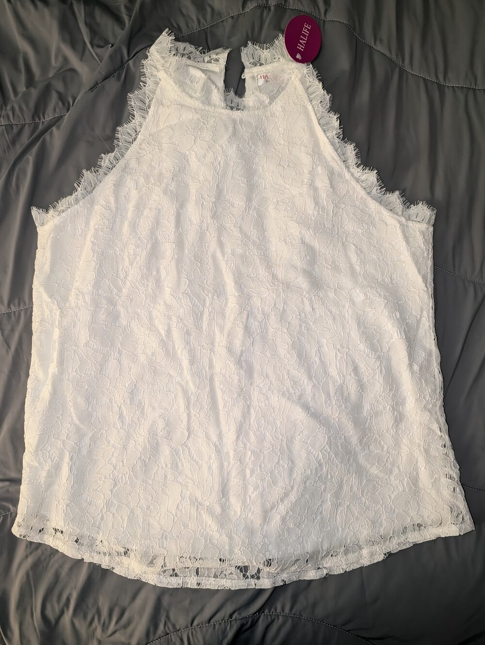 White Lace Halter Top With Delicate Finishes On Neck And Sleeves, Size L